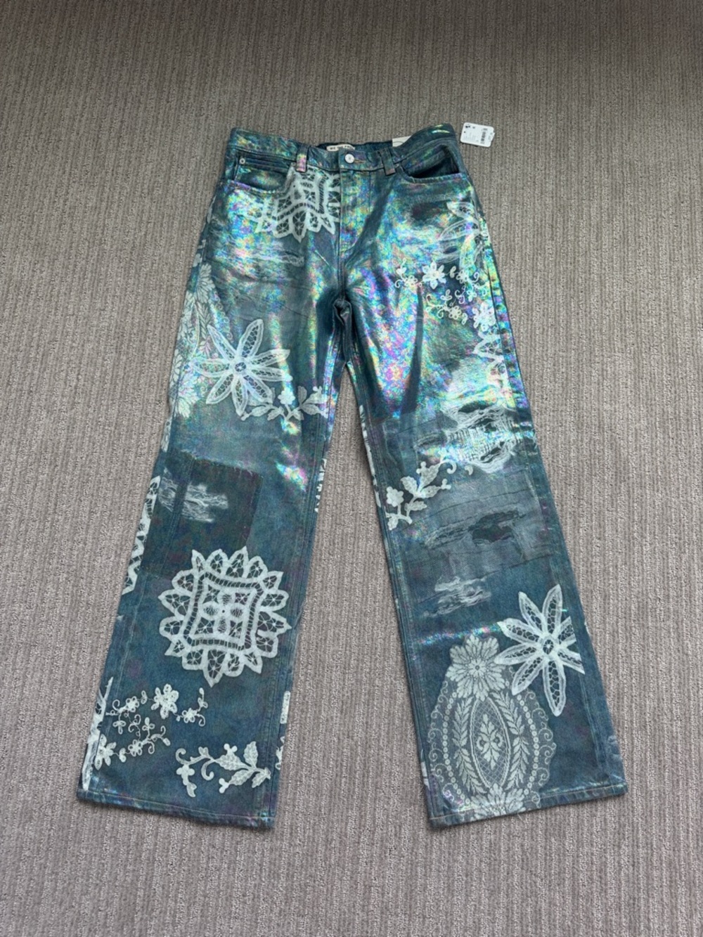 We The Free Iridescent Teal Floral Wide-Leg Jeans